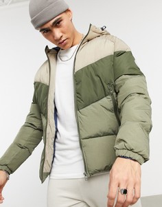Бежевая дутая куртка с капюшоном и контрастными вставками Jack & Jones Originals-Бежевый