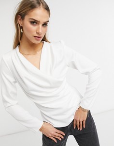 Атласная блузка с длинными рукавами и драпировкой ASOS DESIGN-Белый