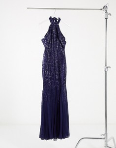 Темно-синее платье с пайетками с вырезами на плечах и высокой горловиной Goddiva-Темно-синий