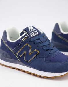 Темно-синие кроссовки с золотистой окантовкой New Balance 574-Темно-синий