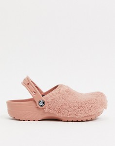 Пушистая обувь пудрового цвета Crocs Classic fuzz mania-Розовый
