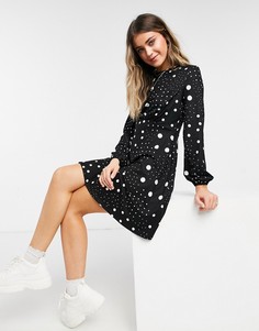 Черное приталенное платье мини в горошек с расклешенной юбкой New Look-Черный цвет