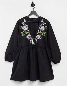Черное хлопковое платье мини из поплина с запахом спереди и вышивкой ASOS DESIGN-Черный цвет