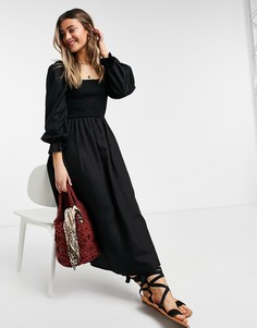 Черное присборенное платье миди из фактурной ткани New Look-Черный цвет