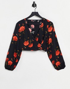 Блузка на запахе с цветочным принтом Miss Selfridge-Черный цвет