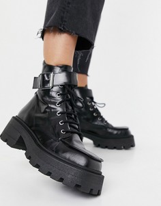 Черные кожаные массивные ботинки на шнуровке с квадратным носком ASOS DESIGN Acute-Черный цвет