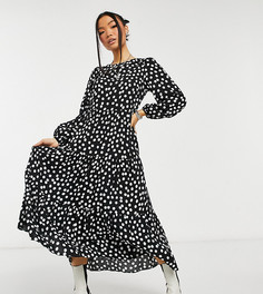 Черное ярусное платье в горошек с длинными рукавами New Look Petite-Черный цвет