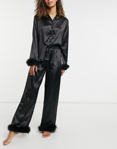 Атласный пижамный комплект черного цвета из рубашки и брюк с отделкой перьями Night-Черный цвет