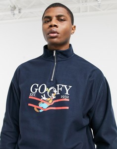 Темно-синий флисовый oversized-свитшот с короткой молнией и принтом Гуффи ASOS DESIGN