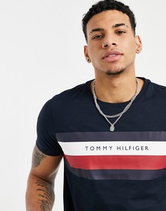 Темно-синяя футболка с крупным полосатым логотипом Tommy Hilfiger-Темно-синий
