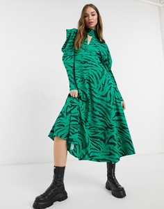 Зеленое платье миди с принтом «зебра» и вырезом капелькой Topshop-Зеленый цвет