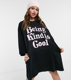 Черная платье-футболка в стиле oversized с принтом "Being Kind is Cool" ASOS DESIGN Curve-Черный