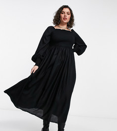 Черное платье макси с длинными рукавами и присборенной отделкой Yours-Черный цвет