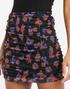 Сетчатая юбка мини со сборками и темным цветочным принтом ASOS DESIGN-Многоцветный