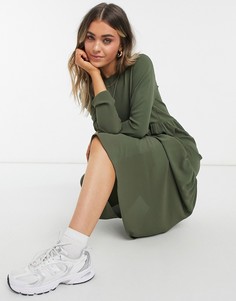 Ярусное платье миди свободного кроя цвета хаки с длинными рукавами ASOS DESIGN-Зеленый цвет