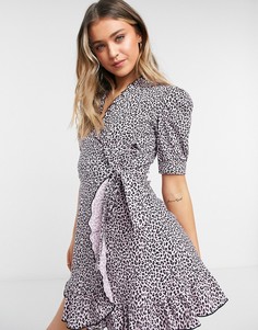 Розовое платье мини с запахом и звериным принтом Topshop-Розовый цвет