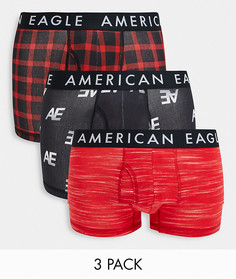 Набор из трех боксеров-брифов однотонного красного, красного в клетку и черного цветов со сплошным логотипом American Eagle-Многоцветный