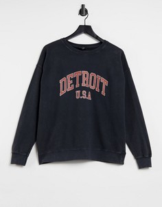 Серый свитшот с эффектом кислотной стирки и принтом "Detroit" New Look