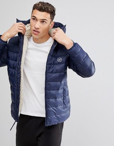 Темно-синий пуховик с капюшоном и подкладкой из искусственного меха Hollister