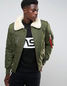 Темно-зеленый бомбер с воротником из овечьей шерсти Alpha Industries