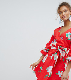 Платье с запахом и цветочным принтом Miss Selfridge-Красный