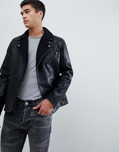 Кожаная байкерская куртка с шерстяными лацканами Selected Homme-Черный