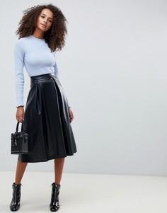Широкая юбка миди из искусственной кожи со складками ASOS DESIGN-Черный