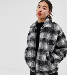 Черное плюшевое пальто в клетку New Look-Черный