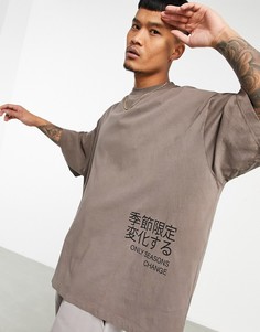 Коричневая oversized-футболка с выбеленным эффектом и текстовым принтом ASOS DESIGN-Коричневый цвет