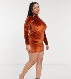 Бархатное облегающее платье выгоревшего оранжевого цвета с высоким воротником и длинными рукавами Rokoko Plus-Оранжевый цвет