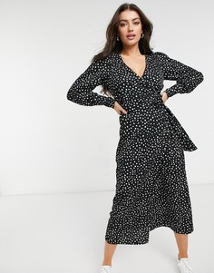 Черное платье миди в горошек с запахом River Island-Черный цвет
