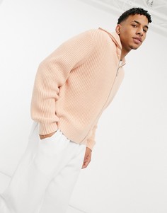 Персиковый вязаный oversized-джемпер на молнии воротником-стойкой ASOS DESIGN-Розовый цвет