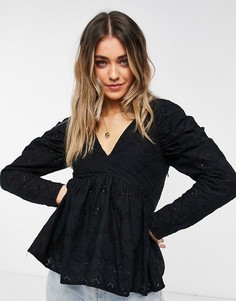 Черный топ с длинными рукавами «летучая мышь» и вышивкой ришелье ASOS DESIGN-Черный цвет