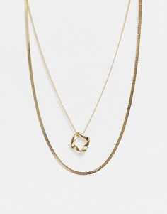 Золотистое ярусное ожерелье-цепочка с плоскими звеньями и круглой подвеской DesignB London-Золотистый