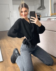 Черный вязаный кардиган в балетном стиле с запахом и завязками New Look-Черный цвет