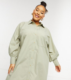 Oversized платье-рубашка мини в стиле бойфренда цвета светлого хаки ASOS DESIGN Curve-Зеленый цвет