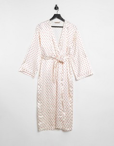 Атласный кремово-красный халат с принтом в виде сердечек NIGHT-Многоцветный