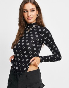 Боди с длинными рукавами, высоким воротником и монохромным принтом ASOS DESIGN-Черный цвет