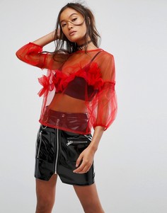 Сетчатый топ с оборками и пышными рукавами ASOS-Красный