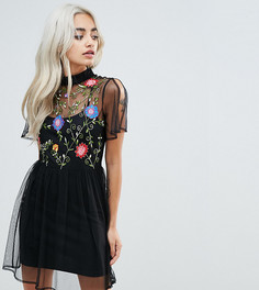 Сетчатое платье мини с цветочной вышивкой и разрезами на рукавах ASOS PETITE-Мульти