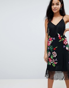 Платье-комбинация миди с вышивкой и бахромой ASOS-Черный