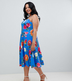 Приталенное плиссированное платье миди с цветочным принтом ASOS DESIGN Curve-Мульти