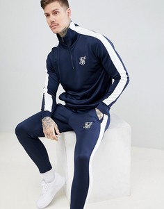 Темно-синий спортивный топ с короткой молнией и полосками SikSilk