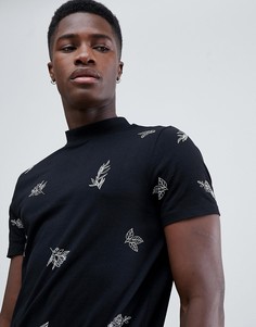 Футболка с цветочной вышивкой и высоким воротом ASOS DESIGN-Черный