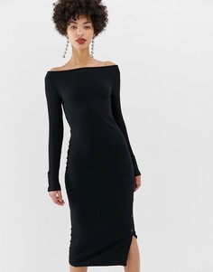Черное облегающее платье с открытыми плечами и кнопками River Island-Черный
