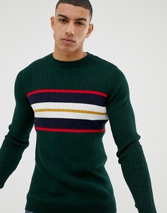 Зеленый обтягивающий джемпер с полосками на груди New Look