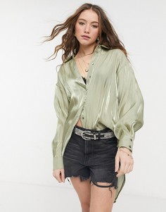 Атласная рубашка в стиле oversized шалфейно-зеленого цвета Topshop-Зеленый цвет