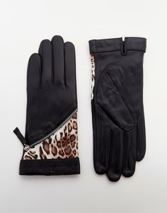 Кожаные перчатки с леопардовыми вставками Pia Rossini-Черный