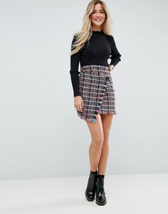 Мини-юбка из ткани букле в клетку с запахом ASOS-Мульти