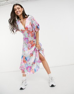 Атласное чайное платье миди с ярким цветочным принтом ASOS DESIGN-Многоцветный